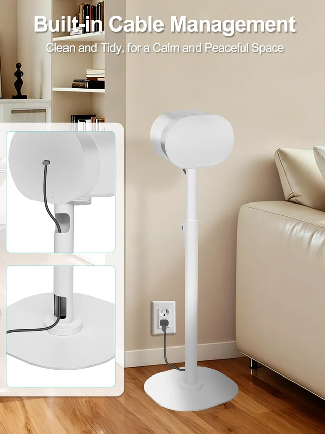 Alt view image 2 of 7 - Speaker Stands Pair for Sonos ERA 300, ERA 100 SL & ERA 100, White Custom Fit for Sonos Era, Adjustable Height 22"42", Cable Management, Heavy Duty Steel Base, Modern & Minimalist