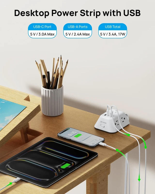 Alt view image 3 of 7 - Desk Clamp Power Strip, Desk Mount Charging Station with 5 AC Outlets Surge Protector with 3 USB Ports, Fit 1.97in Tabletop Edge Thick, 6FT Flat Extension Cord for Home Office Accessories, White