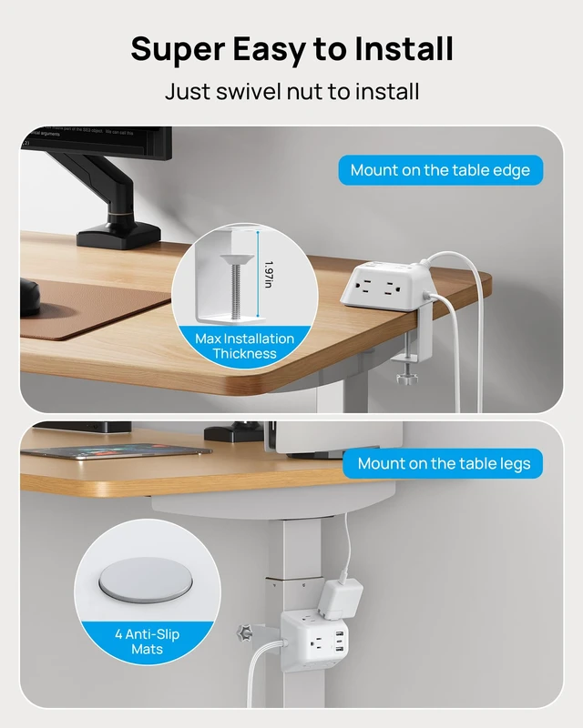 Alt view image 4 of 7 - Desk Clamp Power Strip, Desk Mount Charging Station with 5 AC Outlets Surge Protector with 3 USB Ports, Fit 1.97in Tabletop Edge Thick, 6FT Flat Extension Cord for Home Office Accessories, White