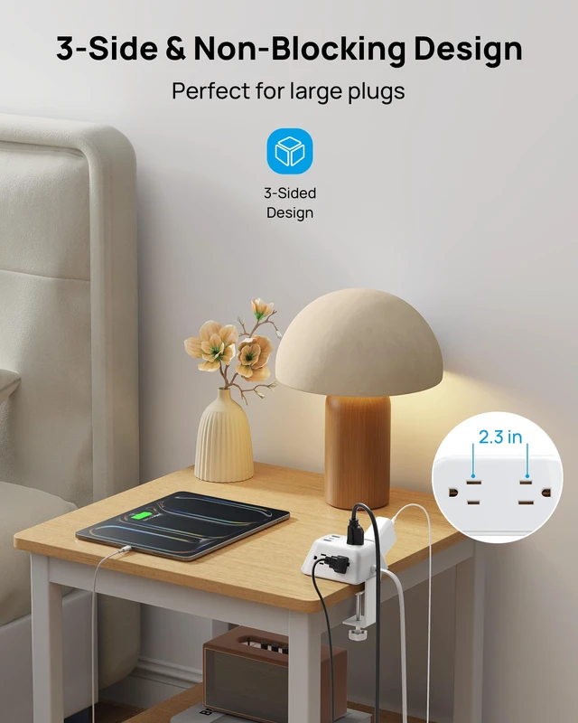Alt view image 5 of 7 - Desk Clamp Power Strip, Desk Mount Charging Station with 5 AC Outlets Surge Protector with 3 USB Ports, Fit 1.97in Tabletop Edge Thick, 6FT Flat Extension Cord for Home Office Accessories, White