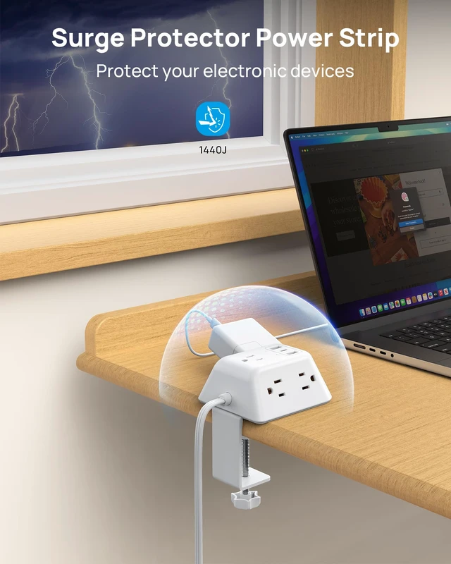 Alt view image 6 of 7 - Desk Clamp Power Strip, Desk Mount Charging Station with 5 AC Outlets Surge Protector with 3 USB Ports, Fit 1.97in Tabletop Edge Thick, 6FT Flat Extension Cord for Home Office Accessories, White