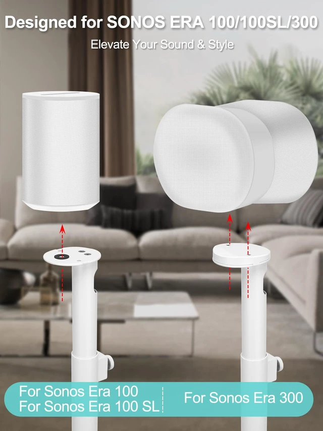 Alt view image 3 of 7 - Speaker Stands Pair for Sonos ERA 300, ERA 100 SL & ERA 100, White Custom Fit for Sonos Era, Adjustable Height 22"42", Cable Management, Heavy Duty Steel Base, Modern & Minimalist