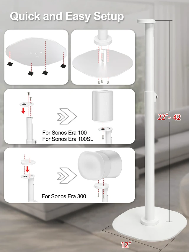 Alt view image 5 of 7 - Speaker Stands Pair for Sonos ERA 300, ERA 100 SL & ERA 100, White Custom Fit for Sonos Era, Adjustable Height 22"42", Cable Management, Heavy Duty Steel Base, Modern & Minimalist