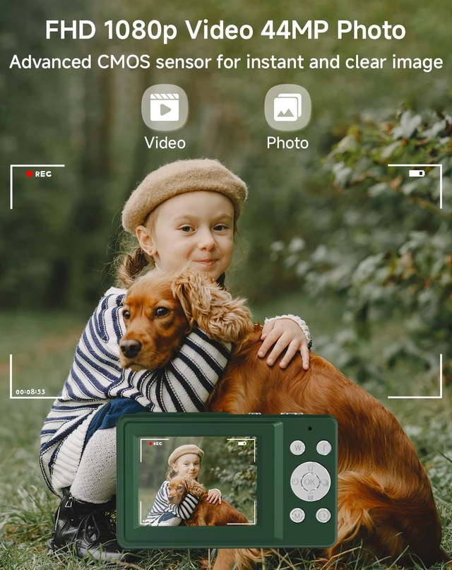 Alt view image 2 of 7 - Digital Camera for Kids, FHD 1080P 44MP Point and Shoot Digital Camera with Face Detect, Smile Capture, 16X Zoom, 20 Filters, Anti Shake, 32GB SD Card Green Compact Vintage Camera
