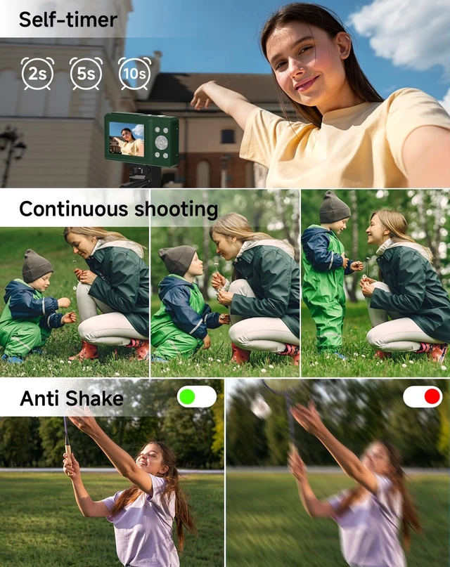 Alt view image 4 of 7 - Digital Camera for Kids, FHD 1080P 44MP Point and Shoot Digital Camera with Face Detect, Smile Capture, 16X Zoom, 20 Filters, Anti Shake, 32GB SD Card Green Compact Vintage Camera