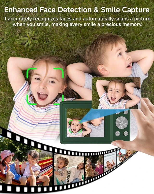 Alt view image 5 of 7 - Digital Camera for Kids, FHD 1080P 44MP Point and Shoot Digital Camera with Face Detect, Smile Capture, 16X Zoom, 20 Filters, Anti Shake, 32GB SD Card Green Compact Vintage Camera