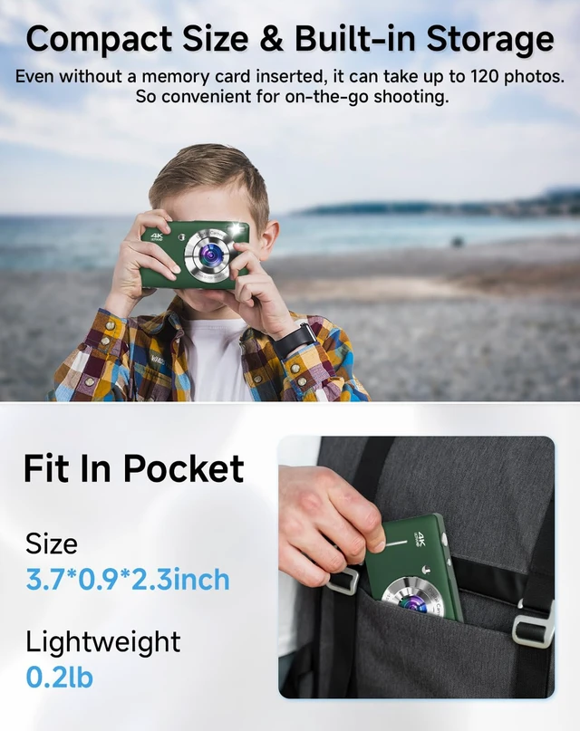 Alt view image 7 of 7 - Digital Camera for Kids, FHD 1080P 44MP Point and Shoot Digital Camera with Face Detect, Smile Capture, 16X Zoom, 20 Filters, Anti Shake, 32GB SD Card Green Compact Vintage Camera