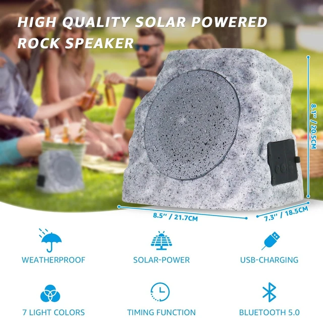 Alt view image 2 of 7 - 2-Pack Solar Powered Rock Speakers Outdoor Water-Resistant with Lights 3 Mode Lights Pair Function USB Rechargeable for Patio Pool Outside Garden Party