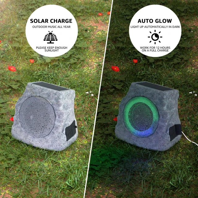 Alt view image 4 of 7 - 2-Pack Solar Powered Rock Speakers Outdoor Water-Resistant with Lights 3 Mode Lights Pair Function USB Rechargeable for Patio Pool Outside Garden Party
