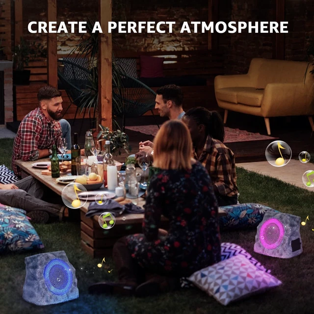 Alt view image 7 of 7 - 2-Pack Solar Powered Rock Speakers Outdoor Water-Resistant with Lights 3 Mode Lights Pair Function USB Rechargeable for Patio Pool Outside Garden Party