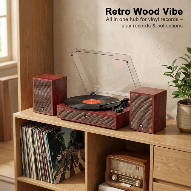 Alt view image 2 of 7 - Bluetooth Vinyl Record Player Turntable with Two External Bookshelf Speaker 3 Speed Belt-Drive Vinyl Turntable, Dual Stereo Speakers, Vintage LP Players, Separate RCA & Speakers Line-out, Auto Stop