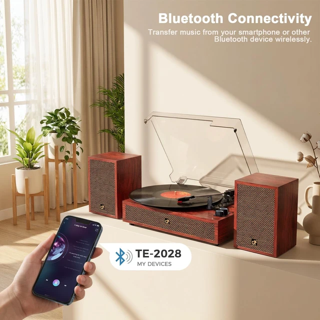 Alt view image 3 of 7 - Bluetooth Vinyl Record Player Turntable with Two External Bookshelf Speaker 3 Speed Belt-Drive Vinyl Turntable, Dual Stereo Speakers, Vintage LP Players, Separate RCA & Speakers Line-out, Auto Stop