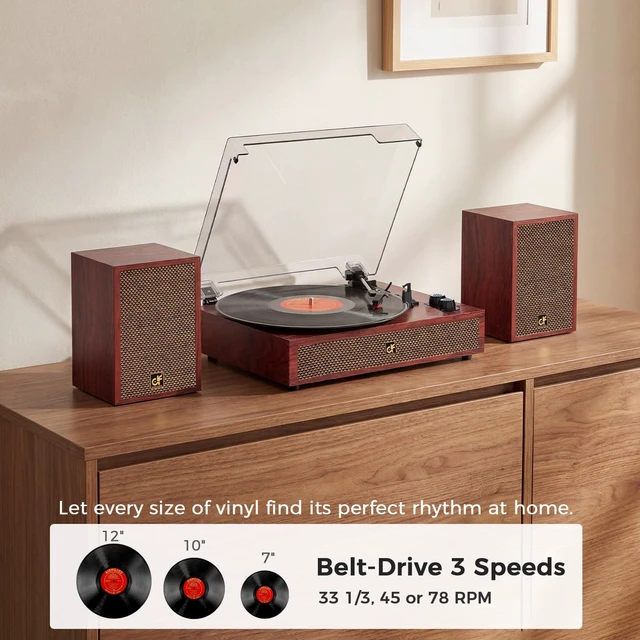 Alt view image 4 of 7 - Bluetooth Vinyl Record Player Turntable with Two External Bookshelf Speaker 3 Speed Belt-Drive Vinyl Turntable, Dual Stereo Speakers, Vintage LP Players, Separate RCA & Speakers Line-out, Auto Stop