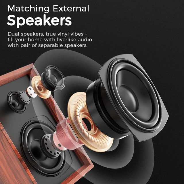 Alt view image 5 of 7 - Bluetooth Vinyl Record Player Turntable with Two External Bookshelf Speaker 3 Speed Belt-Drive Vinyl Turntable, Dual Stereo Speakers, Vintage LP Players, Separate RCA & Speakers Line-out, Auto Stop