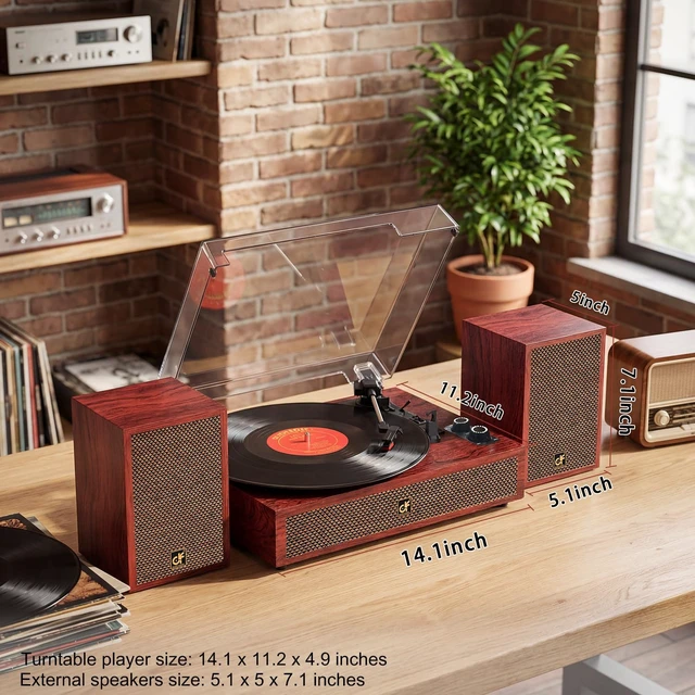 Alt view image 6 of 7 - Bluetooth Vinyl Record Player Turntable with Two External Bookshelf Speaker 3 Speed Belt-Drive Vinyl Turntable, Dual Stereo Speakers, Vintage LP Players, Separate RCA & Speakers Line-out, Auto Stop