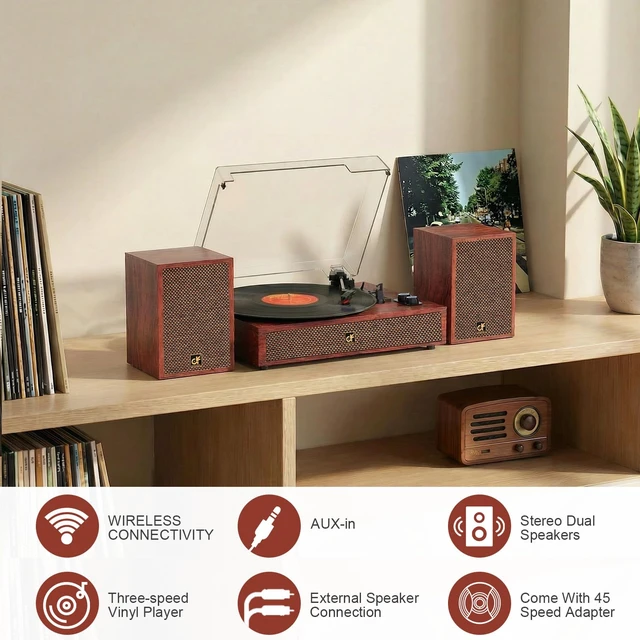 Alt view image 7 of 7 - Bluetooth Vinyl Record Player Turntable with Two External Bookshelf Speaker 3 Speed Belt-Drive Vinyl Turntable, Dual Stereo Speakers, Vintage LP Players, Separate RCA & Speakers Line-out, Auto Stop