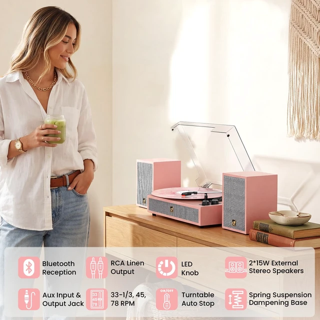 Alt view image 2 of 7 - TE-2028 Pink Bluetooth Vinyl Record Player with External Speakers 4 Drivers Belt-Drive Turntable for Vinyl Records Dual Stereo Speakers LP Players Support 3 Speed 3 Size, AUX RCA Output, Auto Stop