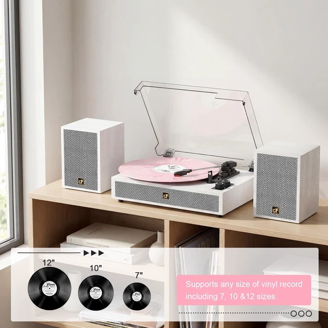 Alt view image 2 of 7 - Vinyl Record Player Bluetooth Turntable External Speakers (4 Drivers) White 3 Speed Belt-Drive Vinyl Turntable, Dual Stereo Speakers, Vintage LP Players, Separate RCA & Speakers Line-out, Auto Stop