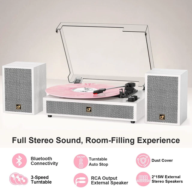Alt view image 5 of 7 - Vinyl Record Player Bluetooth Turntable External Speakers (4 Drivers) White 3 Speed Belt-Drive Vinyl Turntable, Dual Stereo Speakers, Vintage LP Players, Separate RCA & Speakers Line-out, Auto Stop
