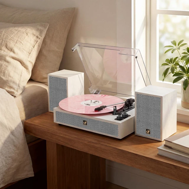 Alt view image 7 of 7 - Vinyl Record Player Bluetooth Turntable External Speakers (4 Drivers) White 3 Speed Belt-Drive Vinyl Turntable, Dual Stereo Speakers, Vintage LP Players, Separate RCA & Speakers Line-out, Auto Stop