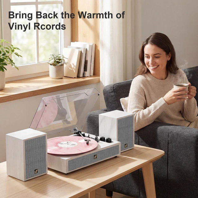 Alt view image 6 of 7 - Vinyl Record Player Bluetooth Turntable External Speakers (4 Drivers) White 3 Speed Belt-Drive Vinyl Turntable, Dual Stereo Speakers, Vintage LP Players, Separate RCA & Speakers Line-out, Auto Stop