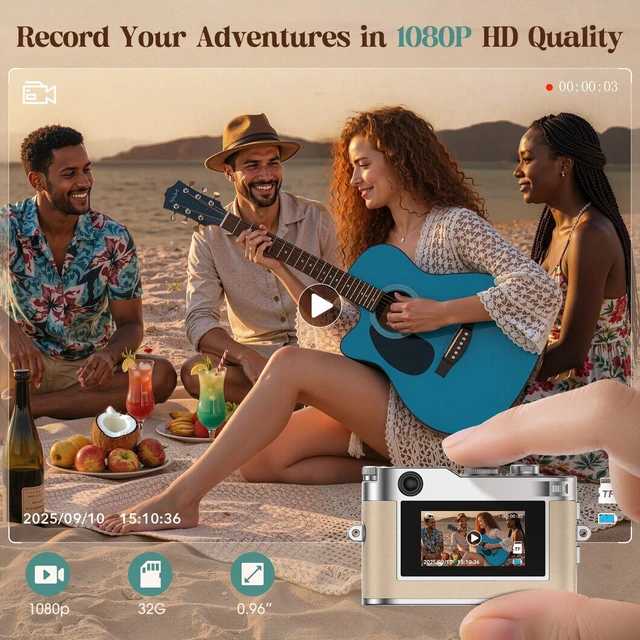 Alt view image 3 of 7 - Mini Digital Camera, Keychain Camera 1080P HD with 2MP Lens, Flash, Video Recording, 32G Card Included, Portable and Compact Retro Vlog Camera for Travel, Kids, Beige