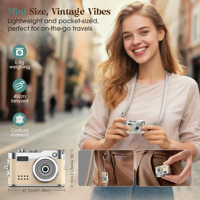 Alt view image 4 of 7 - Mini Digital Camera, Keychain Camera 1080P HD with 2MP Lens, Flash, Video Recording, 32G Card Included, Portable and Compact Retro Vlog Camera for Travel, Kids, Beige
