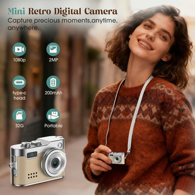 Alt view image 2 of 7 - Mini Digital Camera, Keychain Camera 1080P HD with 2MP Lens, Flash, Video Recording, 32G Card Included, Portable and Compact Retro Vlog Camera for Travel, Kids, Beige