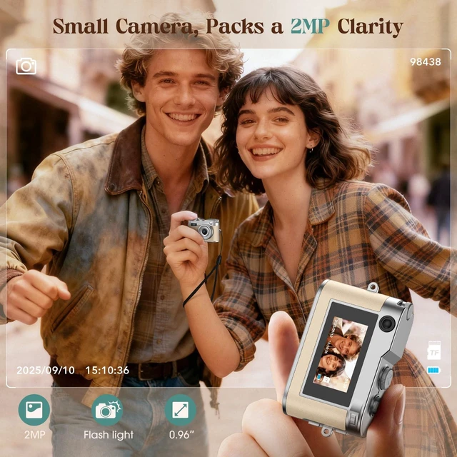 Alt view image 5 of 7 - Mini Digital Camera, Keychain Camera 1080P HD with 2MP Lens, Flash, Video Recording, 32G Card Included, Portable and Compact Retro Vlog Camera for Travel, Kids, Beige