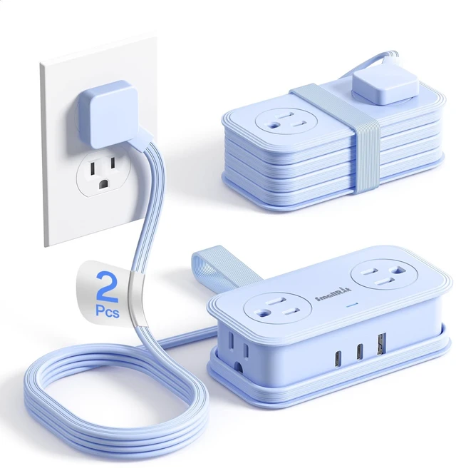 Main image of 2 Pcs Travel Power Strip, Extension Cord with Multiple Outlets, 3.3FT Wrapped Extension Flat Plug Power Strip with 4 AC Outlets for Travel, Hotel, Cruise Approved, No Surge Protection, Blue