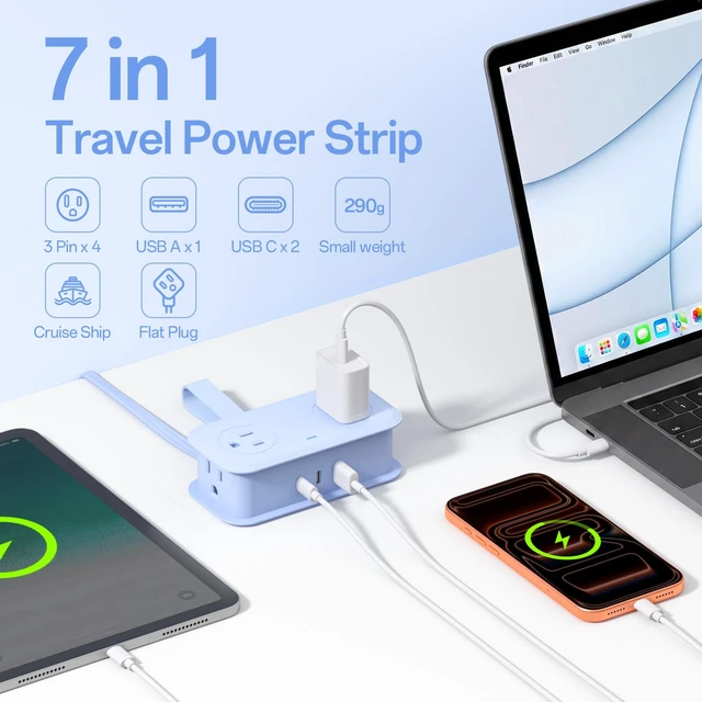 Alt view image 2 of 7 - 2 Pcs Travel Power Strip, Extension Cord with Multiple Outlets, 3.3FT Wrapped Extension Flat Plug Power Strip with 4 AC Outlets for Travel, Hotel, Cruise Approved, No Surge Protection, Blue