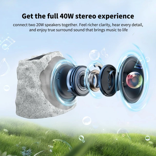 Alt view image 3 of 7 - Outdoor Speakers Solar Powered & USB-C Rechargeable, Rock Speakers TWS Pairing Wireless Outdoor Speaker Bluetooth 5.4, LED Light Show, Waterproof, ideal for Backyard BBQ, Garden, Poolside (2-Pc,Grey)