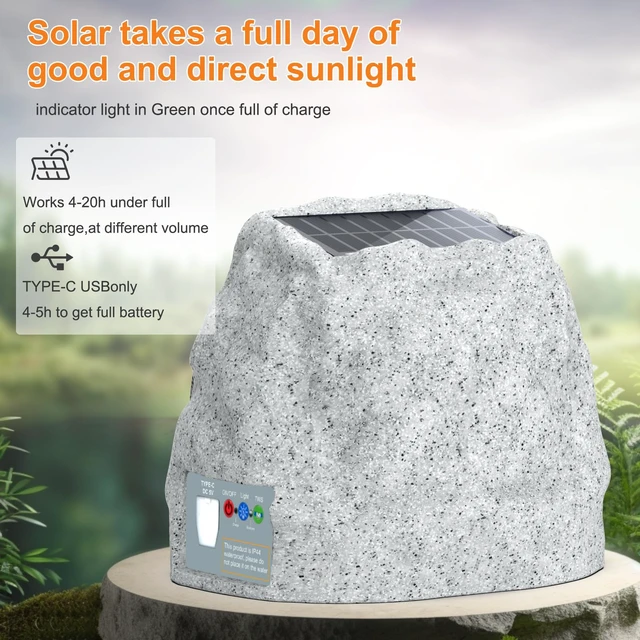 Alt view image 7 of 7 - Outdoor Speakers Solar Powered & USB-C Rechargeable, Rock Speakers TWS Pairing Wireless Outdoor Speaker Bluetooth 5.4, LED Light Show, Waterproof, ideal for Backyard BBQ, Garden, Poolside (2-Pc,Grey)