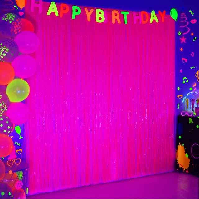 Main image of Mega-L Glow in The Dark Party Supplies, Neon Photo Backdrop, 6 Pack 6.6x6.6 ft Fluorescent Fuchsia Foil Fringe Curtains, Glow Photo Backdrop for Birthday, Pool Party, Music Festival, Nightclub