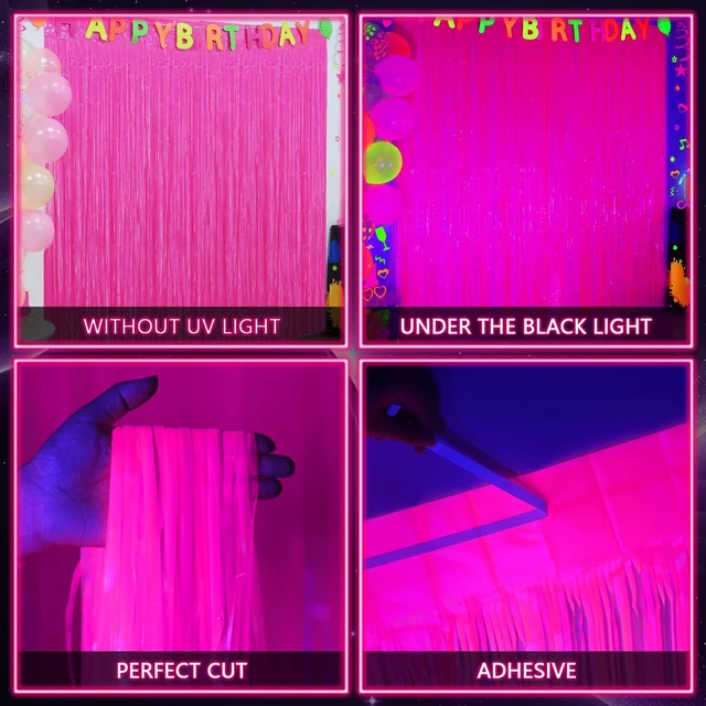 Alt view image 2 of 7 - Mega-L Glow in The Dark Party Supplies, Neon Photo Backdrop, 6 Pack 6.6x6.6 ft Fluorescent Fuchsia Foil Fringe Curtains, Glow Photo Backdrop for Birthday, Pool Party, Music Festival, Nightclub