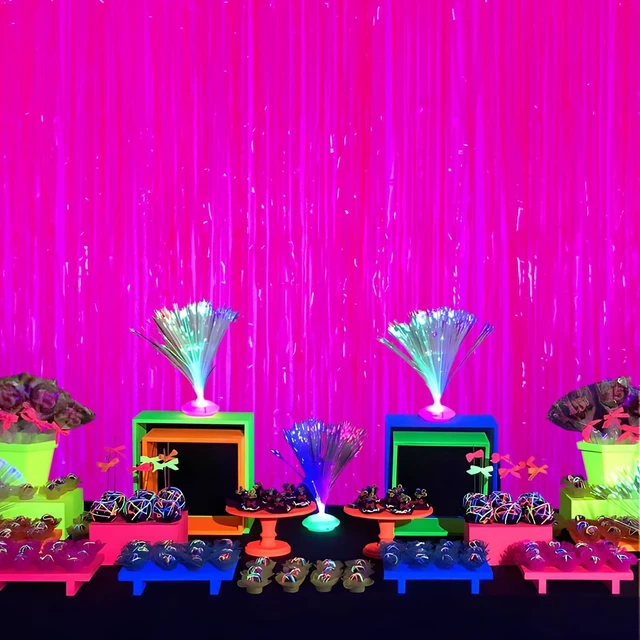 Alt view image 6 of 6 - Mega-L Glow in The Dark Party Supplies, Neon Photo Backdrop, 10 Pack 6.6x6.6 ft Fluorescent Fuchsia Foil Fringe Curtains, Glow Photo Backdrop for Birthday, Pool Party, Music Festival, Nightclub