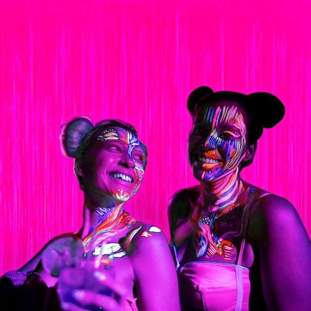 Alt view image 6 of 7 - Mega-L Glow in The Dark Party Supplies, Neon Photo Backdrop, 6 Pack 6.6x6.6 ft Fluorescent Fuchsia Foil Fringe Curtains, Glow Photo Backdrop for Birthday, Pool Party, Music Festival, Nightclub