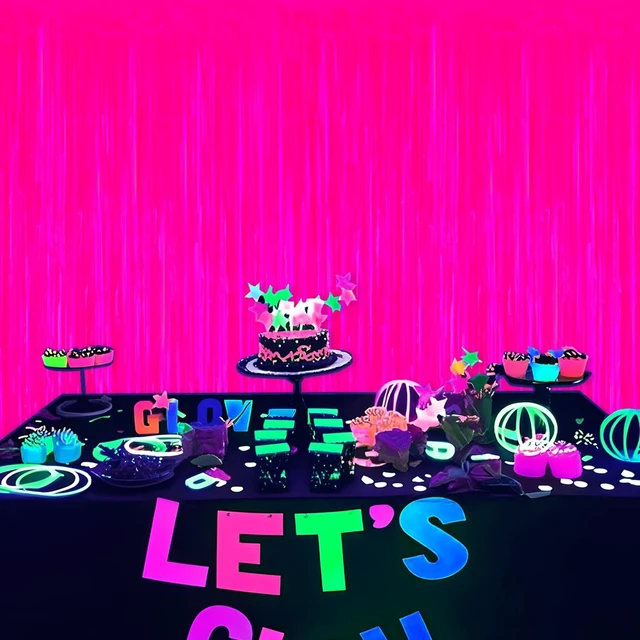 Alt view image 7 of 7 - Mega-L Glow in The Dark Party Supplies, Neon Photo Backdrop, 6 Pack 6.6x6.6 ft Fluorescent Fuchsia Foil Fringe Curtains, Glow Photo Backdrop for Birthday, Pool Party, Music Festival, Nightclub