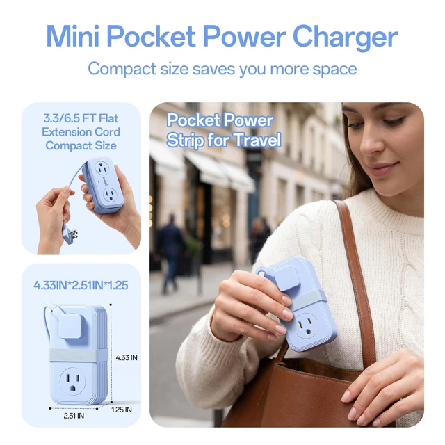 Alt view image 4 of 7 - 2 Pcs Travel Power Strip, Extension Cord with Multiple Outlets, 3.3FT Wrapped Extension Flat Plug Power Strip with 4 AC Outlets for Travel, Hotel, Cruise Approved, No Surge Protection, Blue