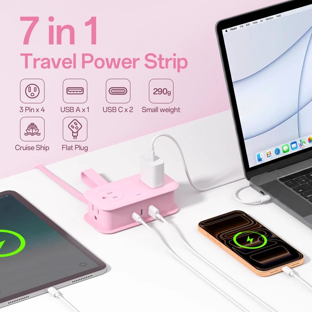 Alt view image 2 of 7 - 2 Pcs Travel Power Strip, Extension Cord with Multiple Outlets, 3.3FT Wrapped Extension Flat Plug Power Strip with 4 AC Outlets for Travel, Hotel, Cruise Approved, No Surge Protection, Pink