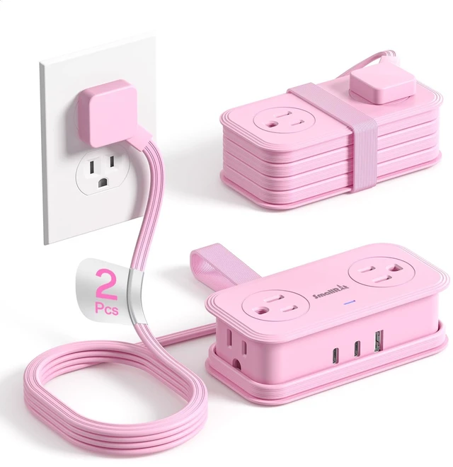 Main image of 2 Pcs Travel Power Strip, Extension Cord with Multiple Outlets, 3.3FT Wrapped Extension Flat Plug Power Strip with 4 AC Outlets for Travel, Hotel, Cruise Approved, No Surge Protection, Pink