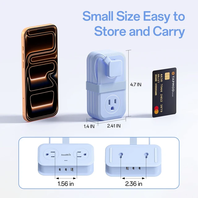 Alt view image 7 of 7 - 2 Pcs Travel Power Strip, Extension Cord with Multiple Outlets, 3.3FT Wrapped Extension Flat Plug Power Strip with 4 AC Outlets for Travel, Hotel, Cruise Approved, No Surge Protection, Blue