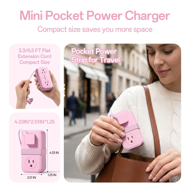 Alt view image 4 of 7 - 2 Pcs Travel Power Strip, Extension Cord with Multiple Outlets, 3.3FT Wrapped Extension Flat Plug Power Strip with 4 AC Outlets for Travel, Hotel, Cruise Approved, No Surge Protection, Pink