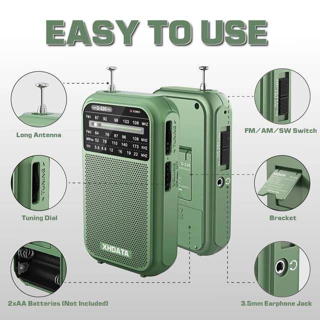 Alt view image 5 of 6 - D220 Portable AM FM SW Shortwave Receiver Pocket Radio, Green 2AA Battery Operated, Transistor Radio with Excellent Reception for Family or Elder (Green)