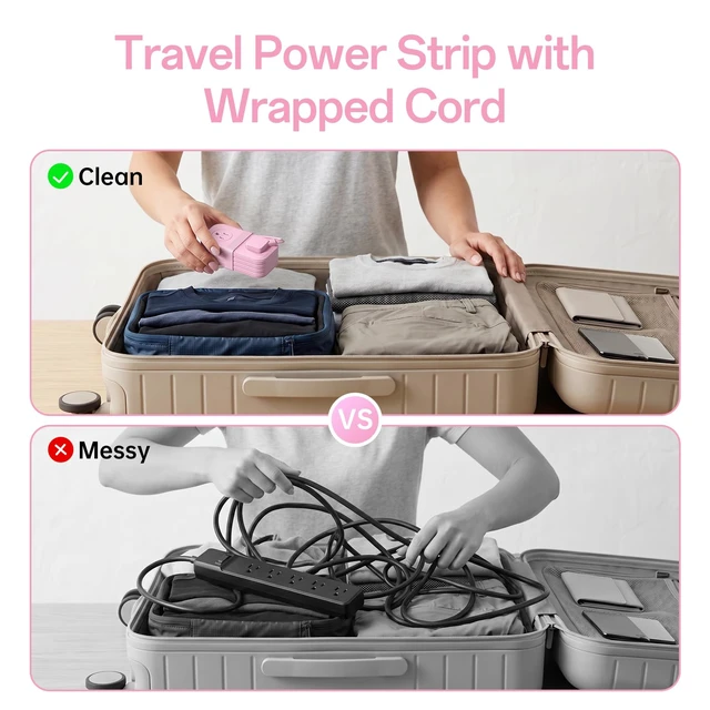 Alt view image 7 of 7 - 2 Pcs Travel Power Strip, Extension Cord with Multiple Outlets, 3.3FT Wrapped Extension Flat Plug Power Strip with 4 AC Outlets for Travel, Hotel, Cruise Approved, No Surge Protection, Pink