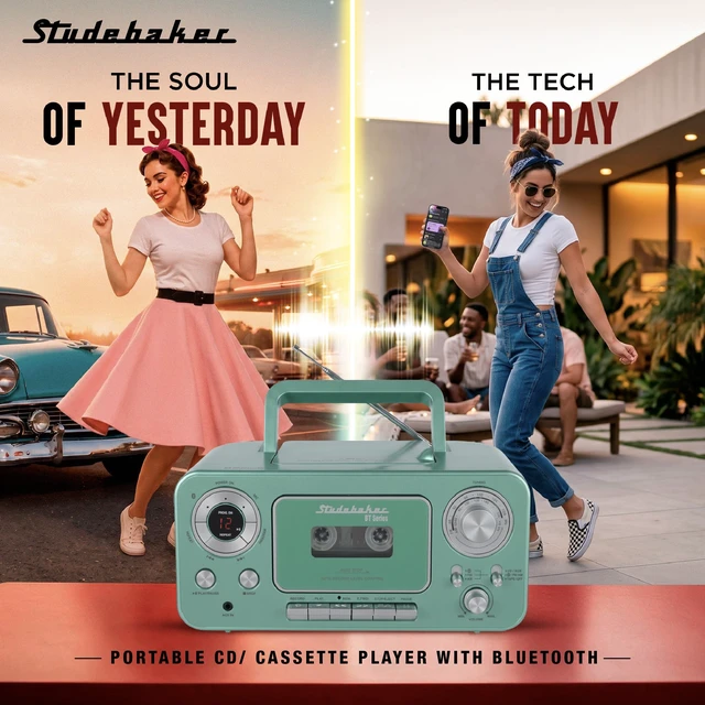 Alt view image 2 of 7 - Portable CD Player with Bluetooth, AM/FM Stereo Radio & Cassette Player/Recorder with Aux-in and AC/DC Power - Teal & Silver