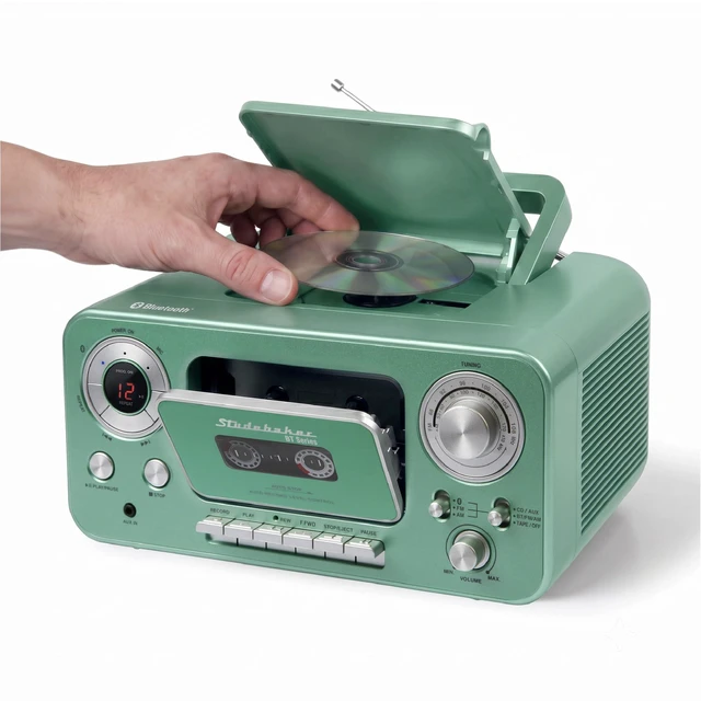 Main image of Portable CD Player with Bluetooth, AM/FM Stereo Radio & Cassette Player/Recorder with Aux-in and AC/DC Power - Teal & Silver