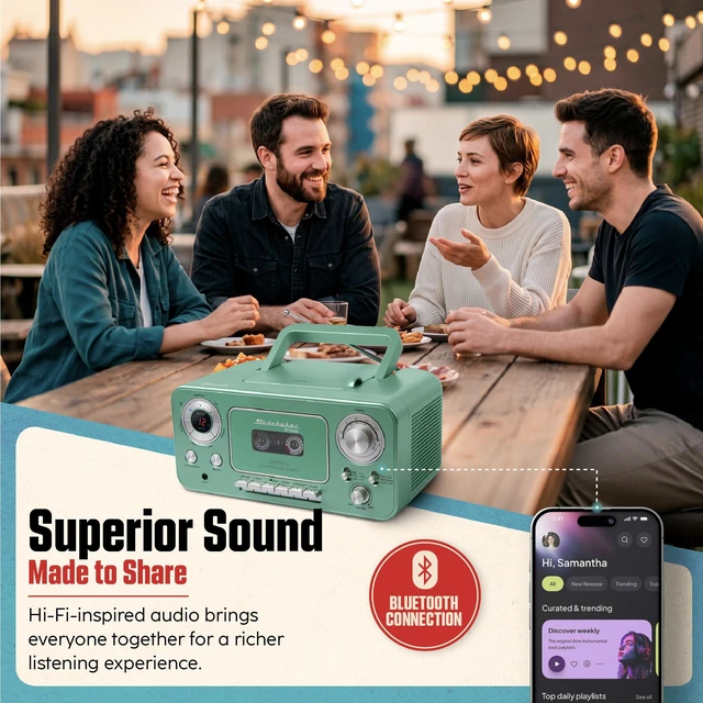 Alt view image 3 of 7 - Portable CD Player with Bluetooth, AM/FM Stereo Radio & Cassette Player/Recorder with Aux-in and AC/DC Power - Teal & Silver
