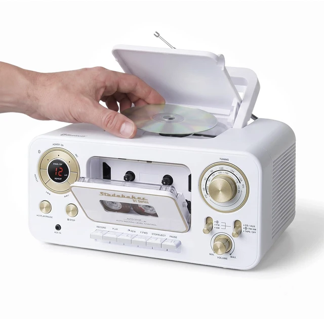 Main image of Portable CD Player with Bluetooth, AM/FM Stereo Radio & Cassette Player/Recorder with Aux-in and AC/DC Power - White & Gold