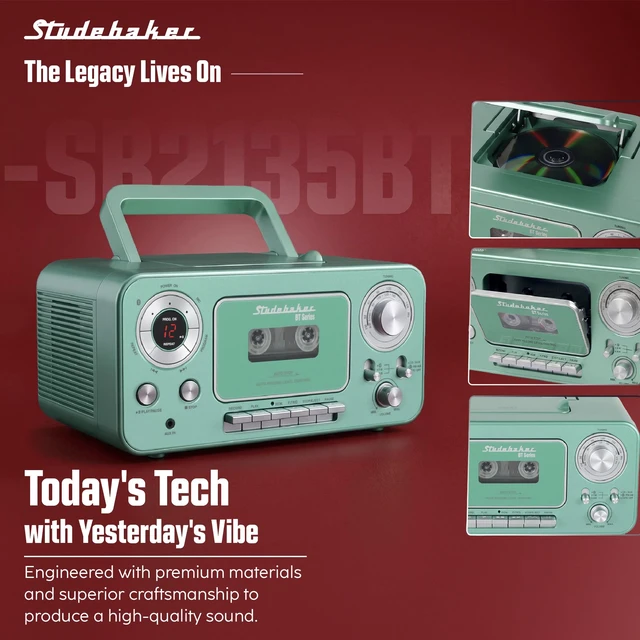 Alt view image 7 of 7 - Portable CD Player with Bluetooth, AM/FM Stereo Radio & Cassette Player/Recorder with Aux-in and AC/DC Power - Teal & Silver